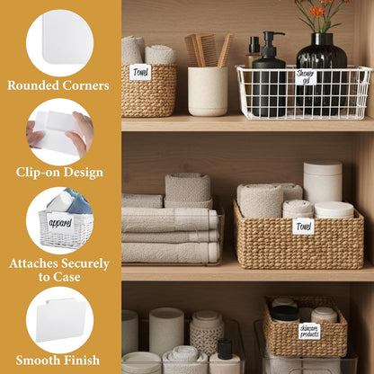 16Pcs White Clip-On Basket Labels, 3.5x2.5 Inch Removable PVC Labels with Holders for Storage Bins, Pantry & Closet Organization, Removable Label Holders
