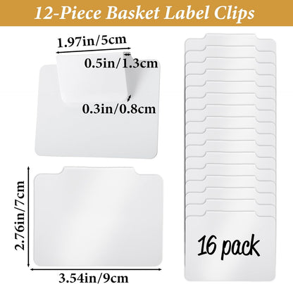 16Pcs White Clip-On Basket Labels, 3.5x2.5 Inch Removable PVC Labels with Holders for Storage Bins, Pantry & Closet Organization, Removable Label Holders