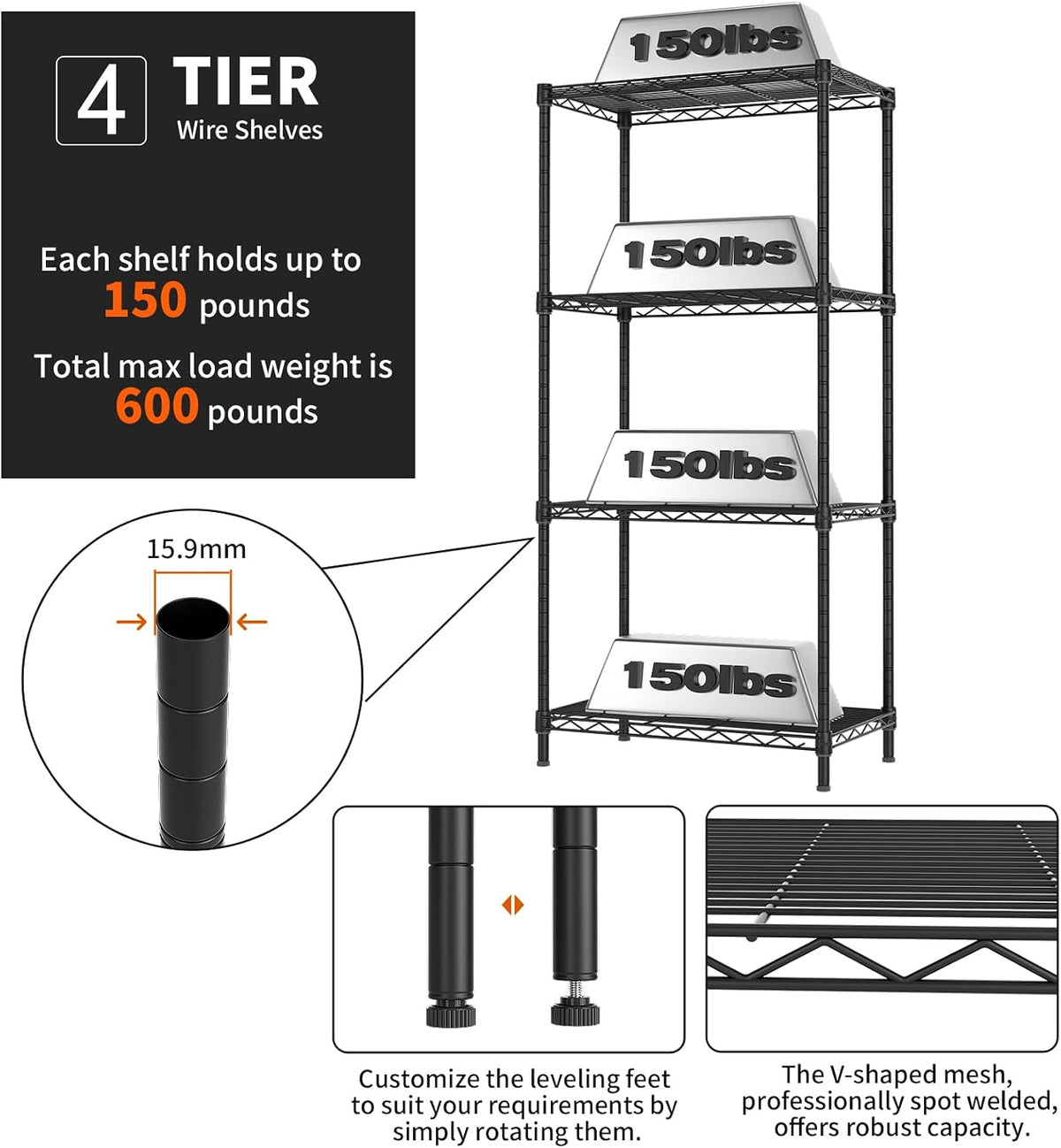 5Tier Adjustable Storage Shelves Metal Wire Shelving Standing Shelf