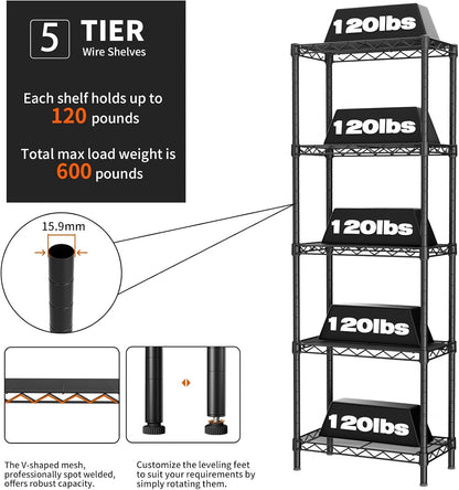 5Tier Adjustable Storage Shelves Metal Wire Shelving Standing Shelf
