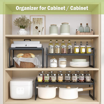 Expandable Kitchen Countertop Organizer, Stackable Cabinet Shelf Organizers, Space Saving Spice Rack Pantry Storage for Bathroom Office (Black, 1 Pack)