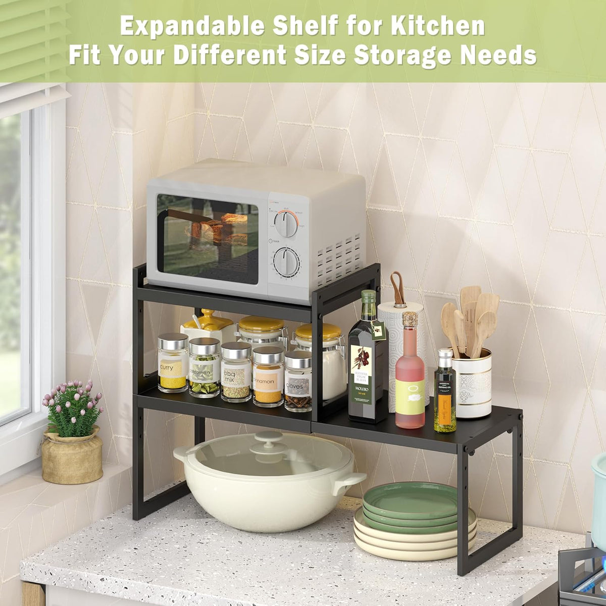 Expandable Kitchen Countertop Organizer, Stackable Cabinet Shelf Organizers, Space Saving Spice Rack Pantry Storage for Bathroom Office (Black, 1 Pack)