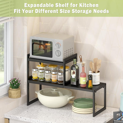 Expandable Kitchen Countertop Organizer, Stackable Cabinet Shelf Organizers, Space Saving Spice Rack Pantry Storage for Bathroom Office (Black, 1 Pack)