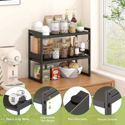 Expandable Kitchen Countertop Organizer, Stackable Cabinet Shelf Organizers, Space Saving Spice Rack Pantry Storage for Bathroom Office (Black, 1 Pack)