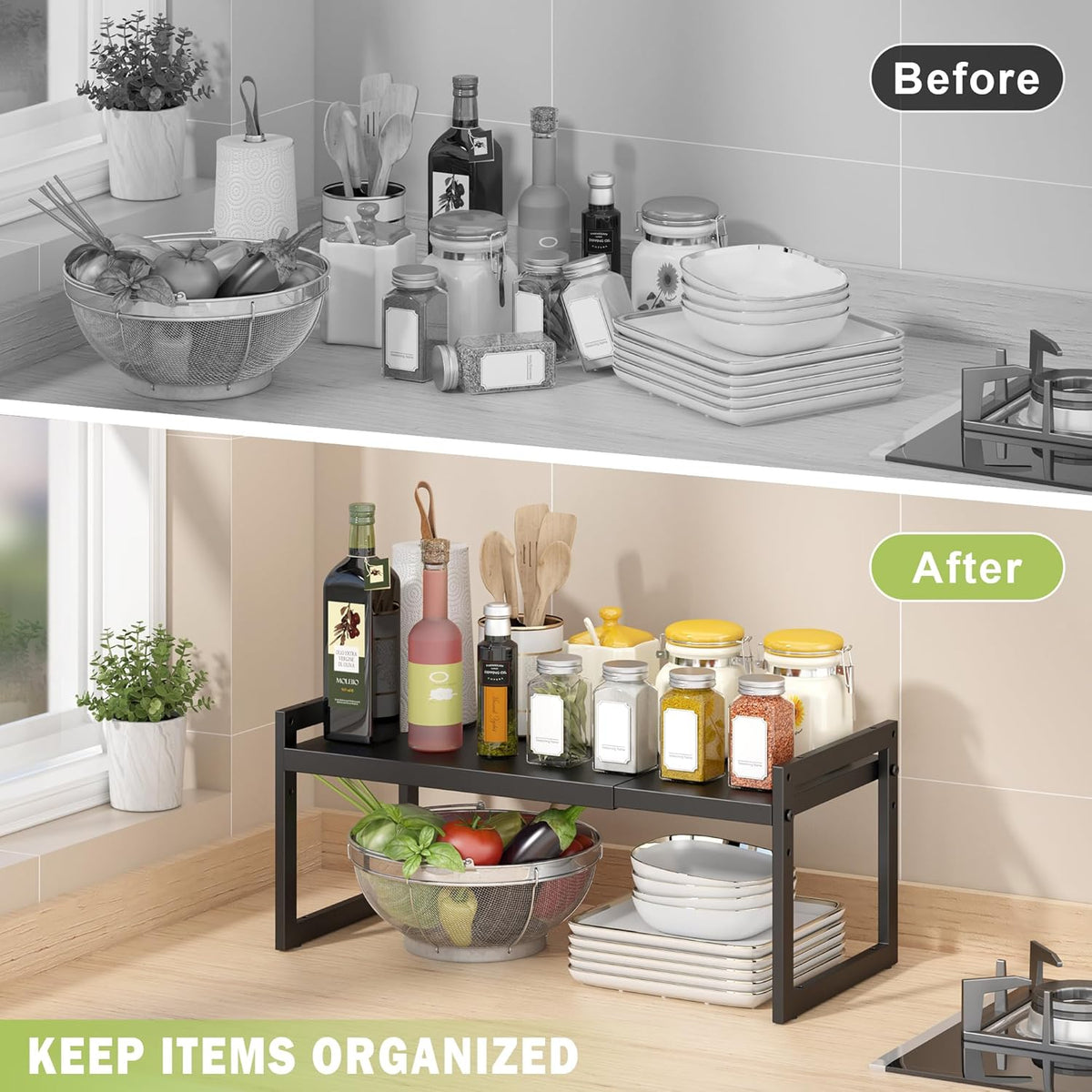 Expandable Kitchen Countertop Organizer, Stackable Cabinet Shelf Organizers, Space Saving Spice Rack Pantry Storage for Bathroom Office (Black, 1 Pack)