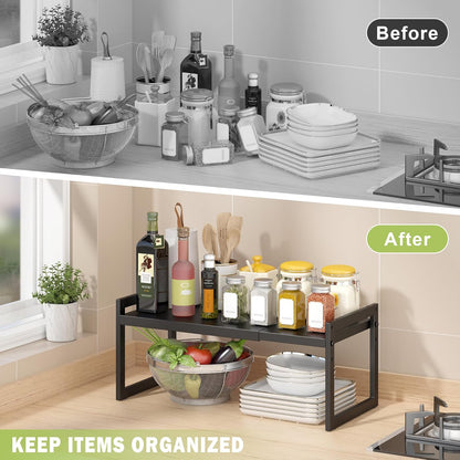 Expandable Kitchen Countertop Organizer, Stackable Cabinet Shelf Organizers, Space Saving Spice Rack Pantry Storage for Bathroom Office (Black, 1 Pack)