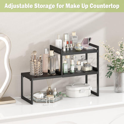Expandable Kitchen Countertop Organizer, Stackable Cabinet Shelf Organizers, Space Saving Spice Rack Pantry Storage for Bathroom Office (Black, 1 Pack)