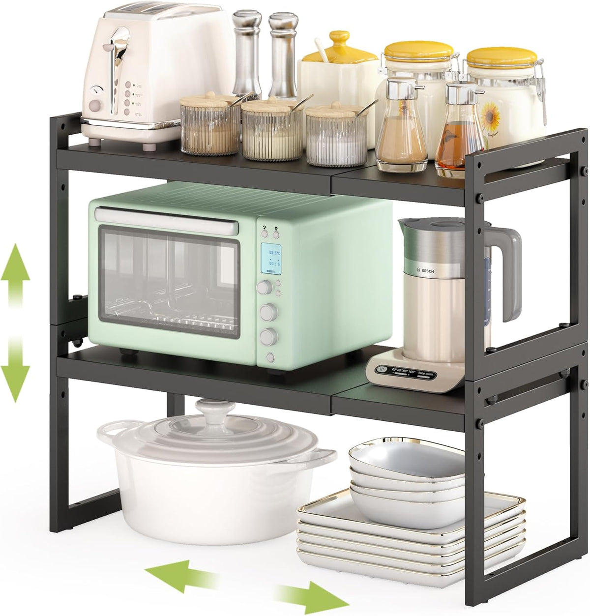 Expandable Kitchen Countertop Organizer, Stackable Cabinet Shelf Organizers, Space Saving Spice Rack Pantry Storage for Bathroom Office (Black, 1 Pack)