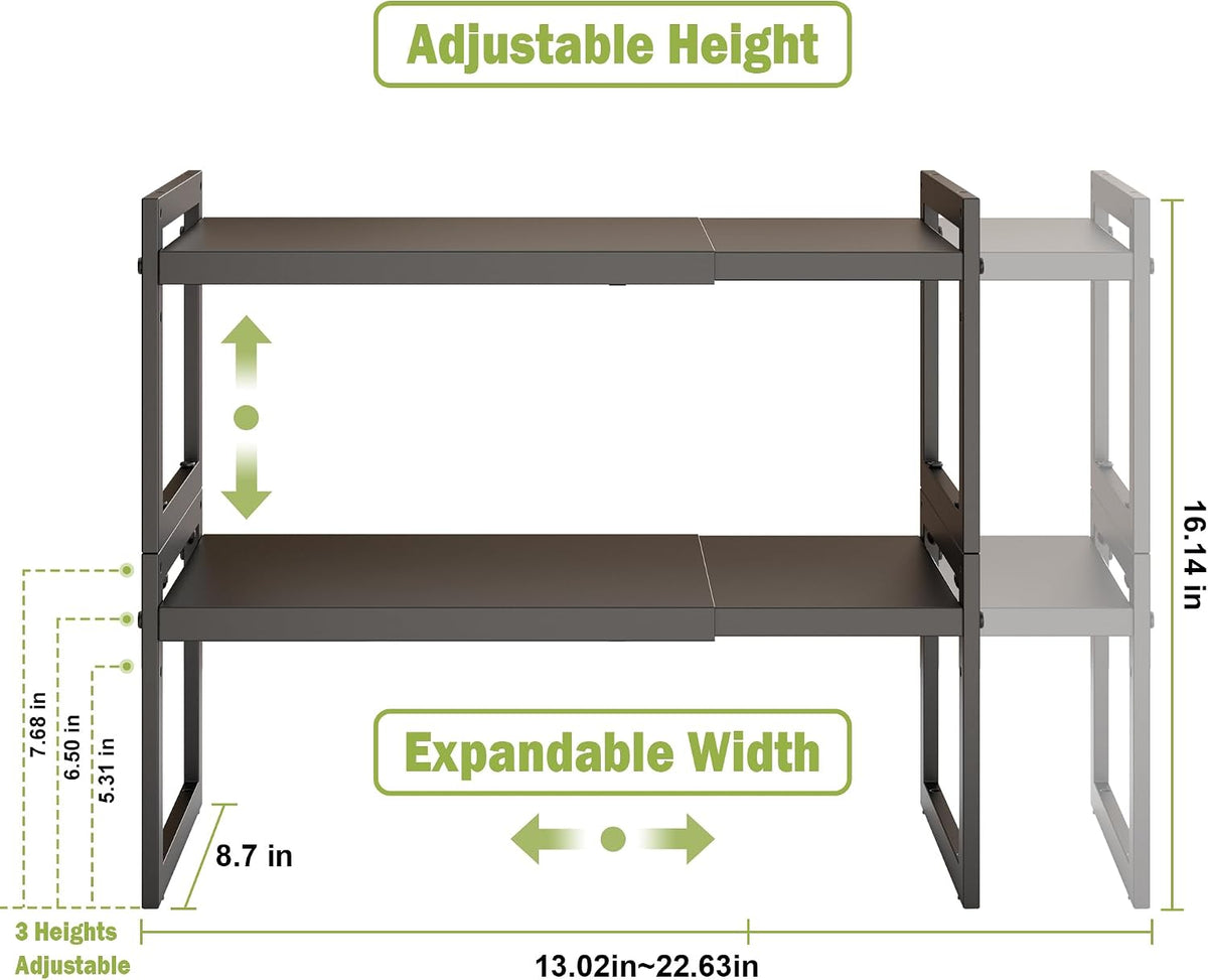 Expandable Kitchen Countertop Organizer, Stackable Cabinet Shelf Organizers, Space Saving Spice Rack Pantry Storage for Bathroom Office (Black, 1 Pack)
