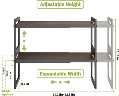 Expandable Kitchen Countertop Organizer, Stackable Cabinet Shelf Organizers, Space Saving Spice Rack Pantry Storage for Bathroom Office (Black, 1 Pack)