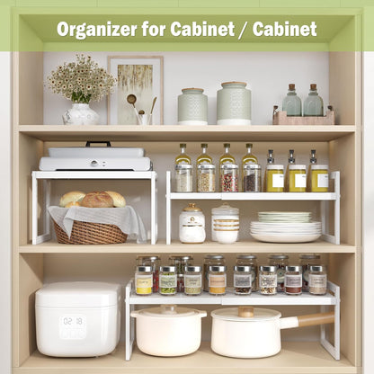 Expandable Kitchen Countertop Organizer, Stackable Cabinet Shelf Organizers, Space Saving Spice Rack Pantry Storage for Bathroom Office (Black, 1 Pack)