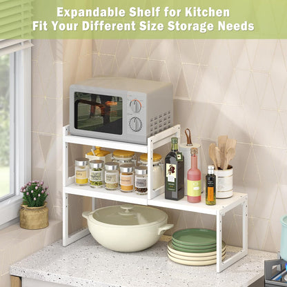 Expandable Kitchen Countertop Organizer, Stackable Cabinet Shelf Organizers, Space Saving Spice Rack Pantry Storage for Bathroom Office (Black, 1 Pack)
