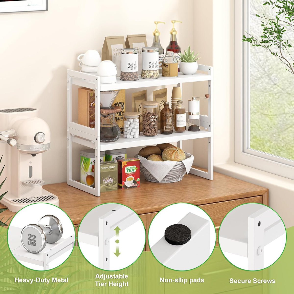 Expandable Kitchen Countertop Organizer, Stackable Cabinet Shelf Organizers, Space Saving Spice Rack Pantry Storage for Bathroom Office (Black, 1 Pack)