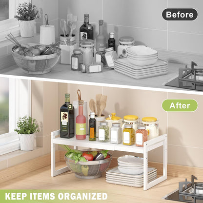 Expandable Kitchen Countertop Organizer, Stackable Cabinet Shelf Organizers, Space Saving Spice Rack Pantry Storage for Bathroom Office (Black, 1 Pack)