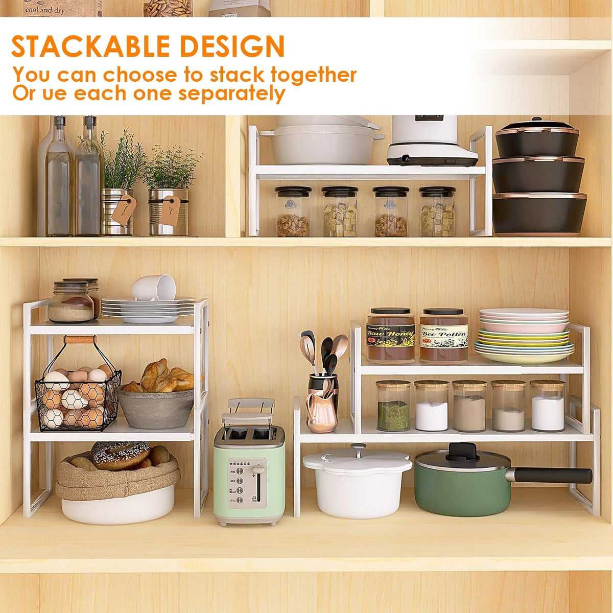 Expandable Kitchen Countertop Organizer, Stackable Cabinet Shelf Organizers, Space Saving Spice Rack Pantry Storage for Bathroom Office (Black, 1 Pack)