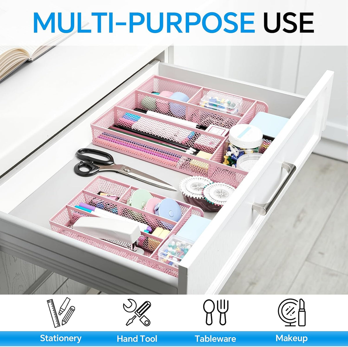 Desk Drawer Organizer, Office Drawer Divider Organizer Tray with 6 Compartments, Metal Mesh Desktop Organization and Accessories for Stationery Makeup Kitchen Toolroom School ＆ Office