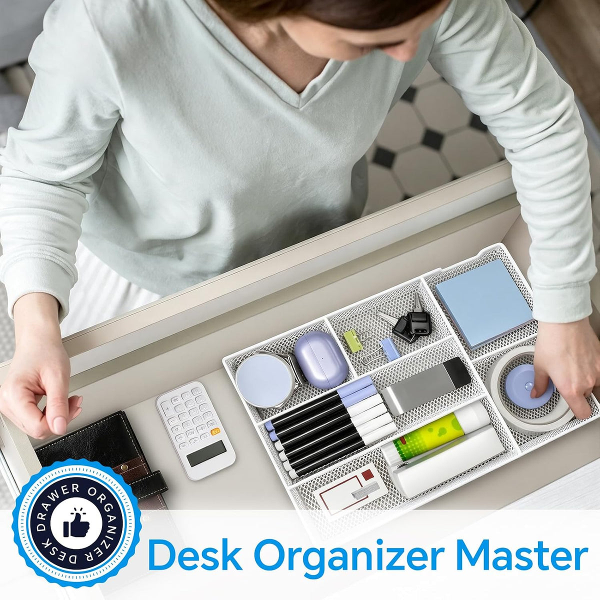 Desk Drawer Organizer, Office Drawer Divider Organizer Tray with 6 Compartments, Metal Mesh Desktop Organization and Accessories for Stationery Makeup Kitchen Toolroom School ＆ Office