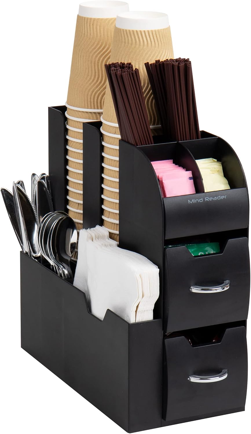 Cup and Condiment Station, Countertop Organizer, Coffee Bar, Kitchen, Stirrers, 5.35"W x 11.25"L x 11.15"H, Black