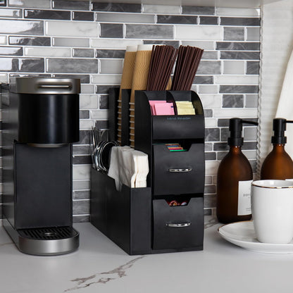 Cup and Condiment Station, Countertop Organizer, Coffee Bar, Kitchen, Stirrers, 5.35"W x 11.25"L x 11.15"H, Black