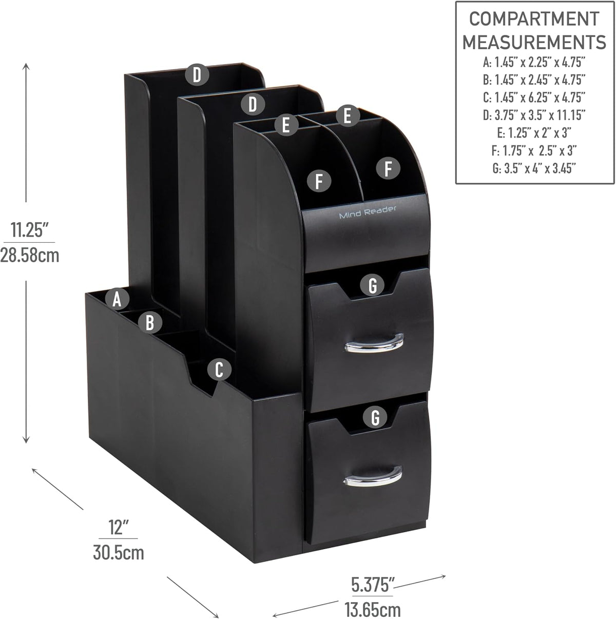 Cup and Condiment Station, Countertop Organizer, Coffee Bar, Kitchen, Stirrers, 5.35"W x 11.25"L x 11.15"H, Black