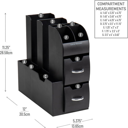 Cup and Condiment Station, Countertop Organizer, Coffee Bar, Kitchen, Stirrers, 5.35"W x 11.25"L x 11.15"H, Black