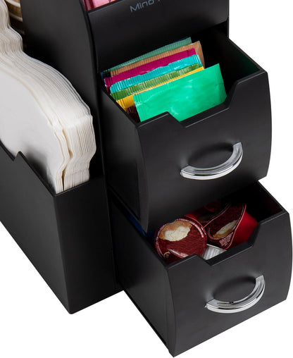 Cup and Condiment Station, Countertop Organizer, Coffee Bar, Kitchen, Stirrers, 5.35"W x 11.25"L x 11.15"H, Black