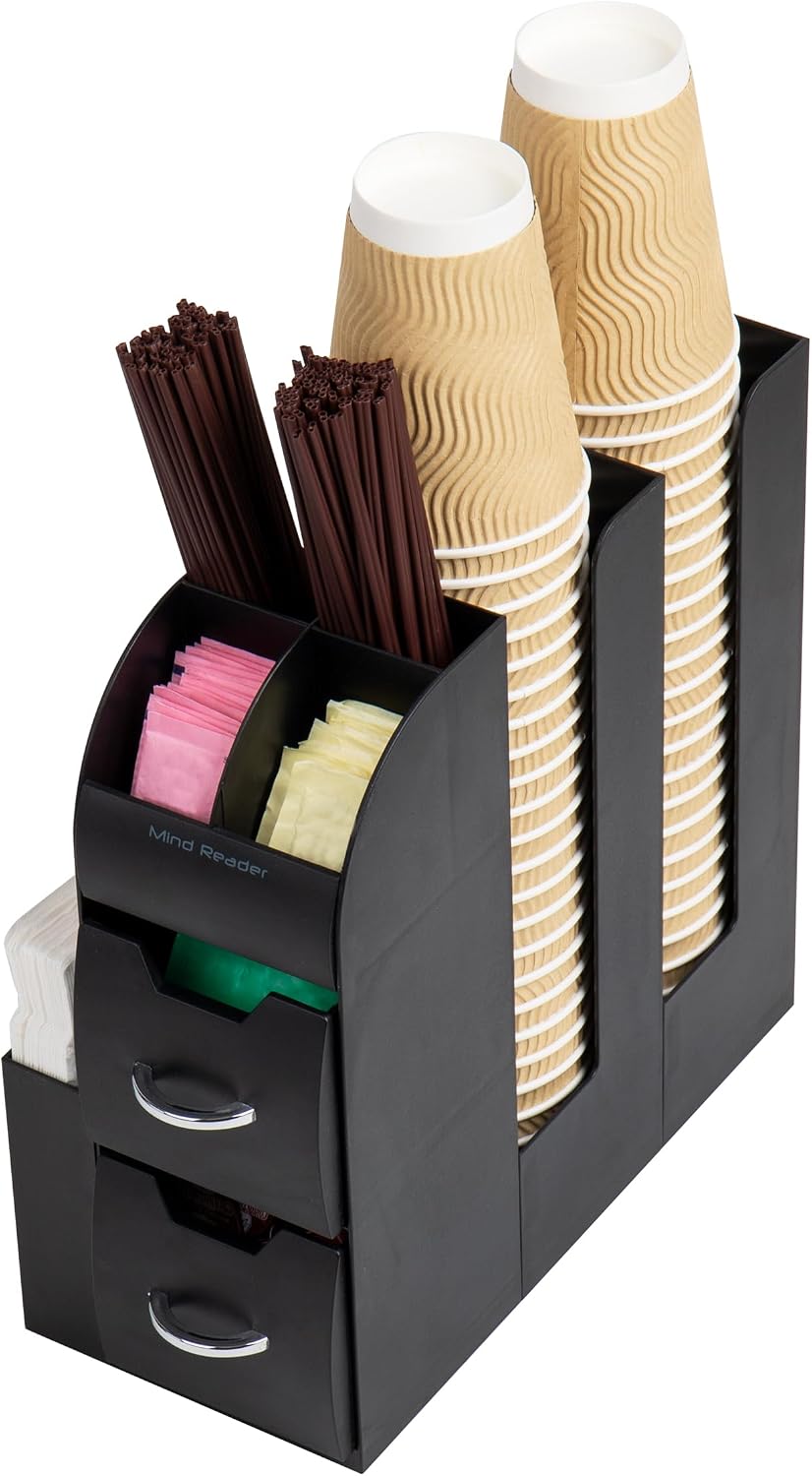 Cup and Condiment Station, Countertop Organizer, Coffee Bar, Kitchen, Stirrers, 5.35"W x 11.25"L x 11.15"H, Black