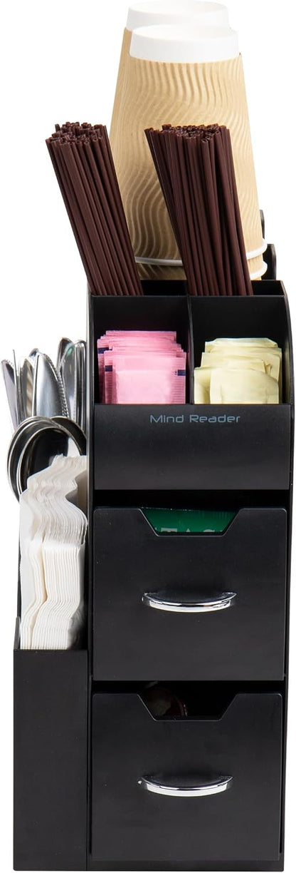 Cup and Condiment Station, Countertop Organizer, Coffee Bar, Kitchen, Stirrers, 5.35"W x 11.25"L x 11.15"H, Black