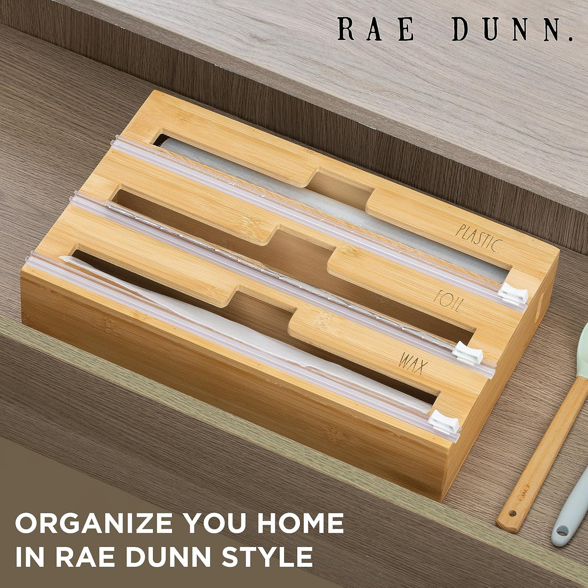 Rae Dunn Bamboo Bag Organizer for Kitchen Drawer - Durable Wood Organizer for Kitchen Storage - Holds Gallon, Quart, Snack, Sandwich Size Baggies, Plastic Wrap and Foil