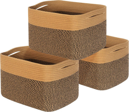 MINTWOOD Design 3-Pack Decorative Woven Storage Baskets for Shelves, Cube Bin Box for Organizing Books, Shoes, Dog Toys, Pantry Closet and Living Room Organizer, Oatmeal Brown