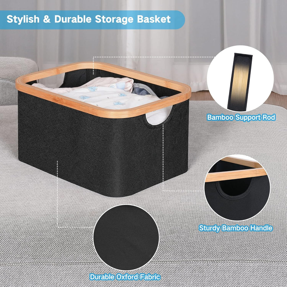 efluky Storage Baskets for Organizing, Fabric Storage Bins with Bamboo Handles, Collapsible Storage Baskets for Shelves and Closet (Black, 16.2'' x 13'' x 9.1'')