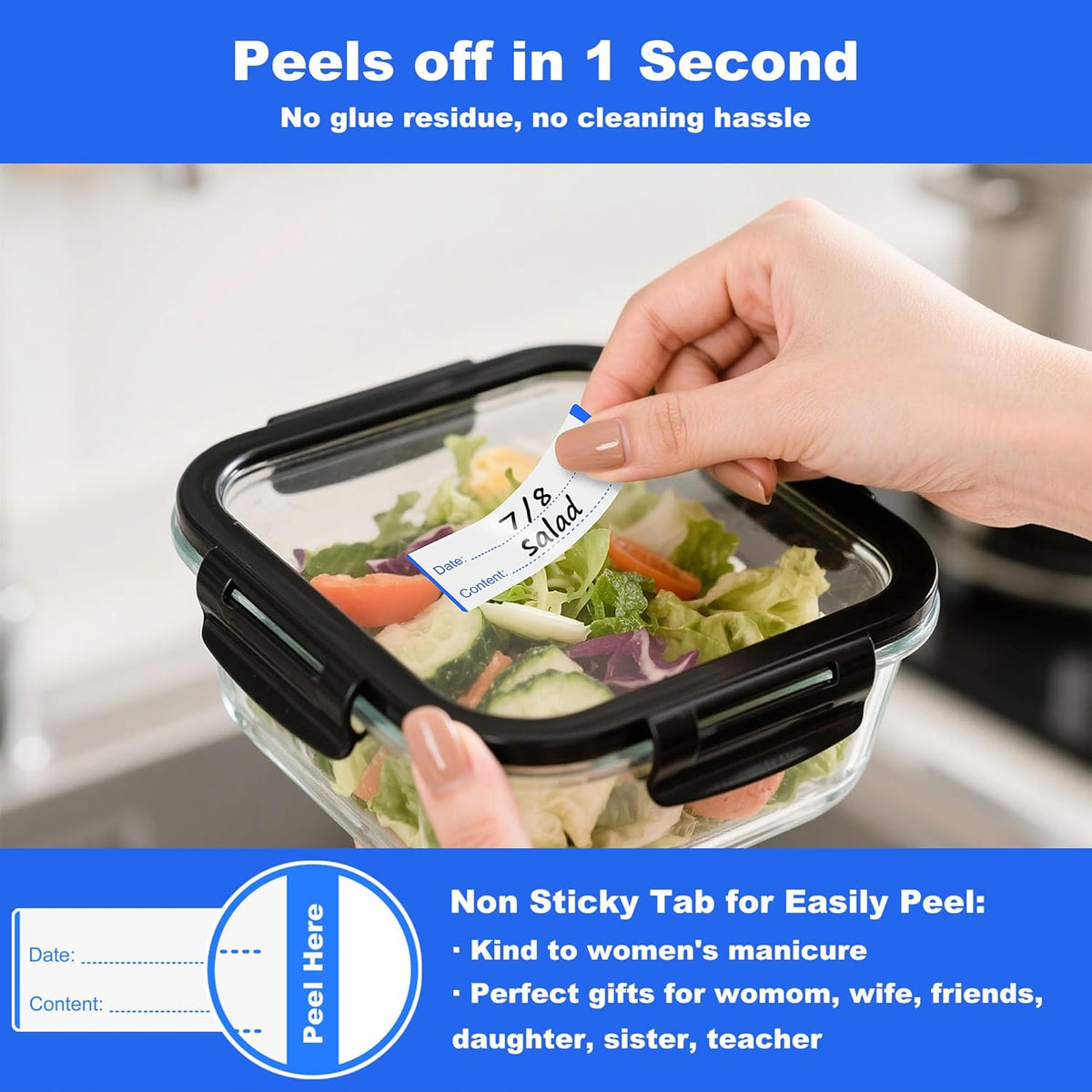 300 PCS Removable Freezer Labels with Dispenser - 1" x 3" Food Labels for Meal Prep Containers, Easy Peel-Off Design, No Residue (Blue)