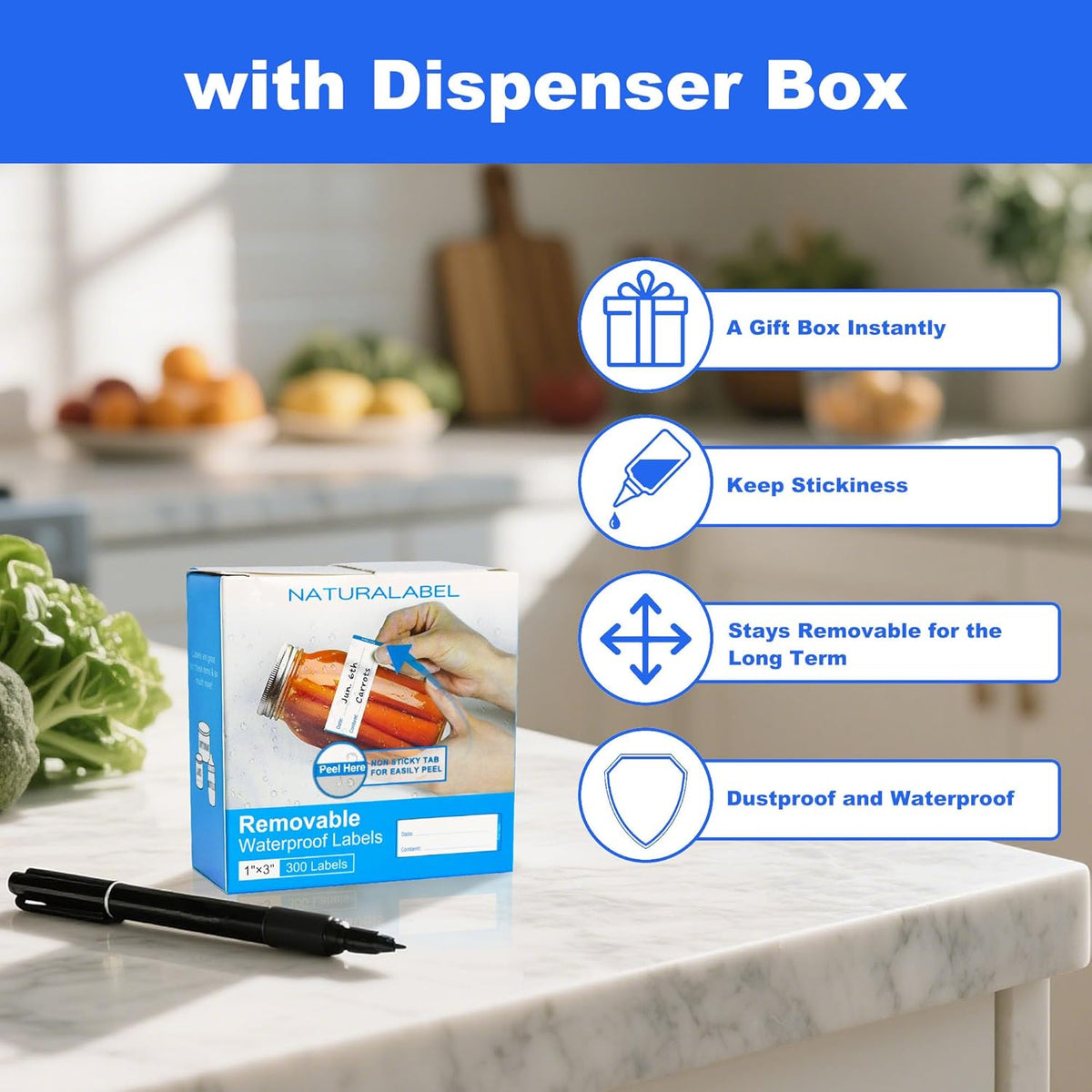 300 PCS Removable Freezer Labels with Dispenser - 1" x 3" Food Labels for Meal Prep Containers, Easy Peel-Off Design, No Residue (Blue)