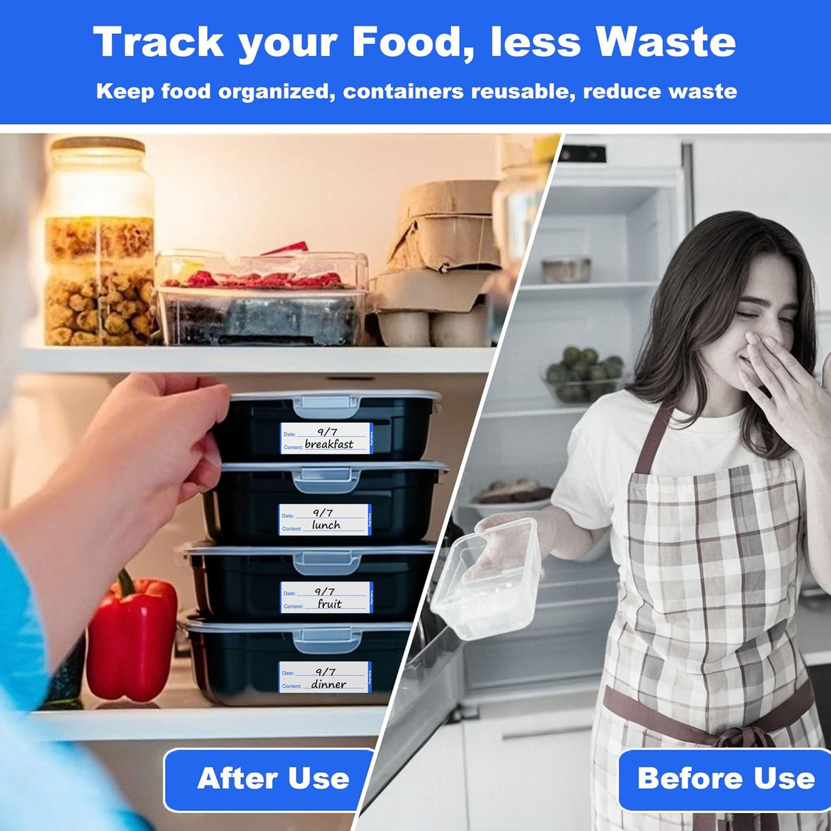 300 PCS Removable Freezer Labels with Dispenser - 1" x 3" Food Labels for Meal Prep Containers, Easy Peel-Off Design, No Residue (Blue)