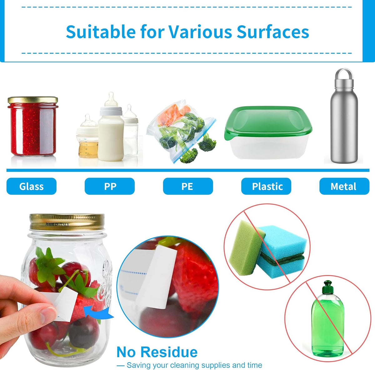 300 PCS Removable Freezer Labels with Dispenser - 1" x 3" Food Labels for Meal Prep Containers, Easy Peel-Off Design, No Residue (Blue)