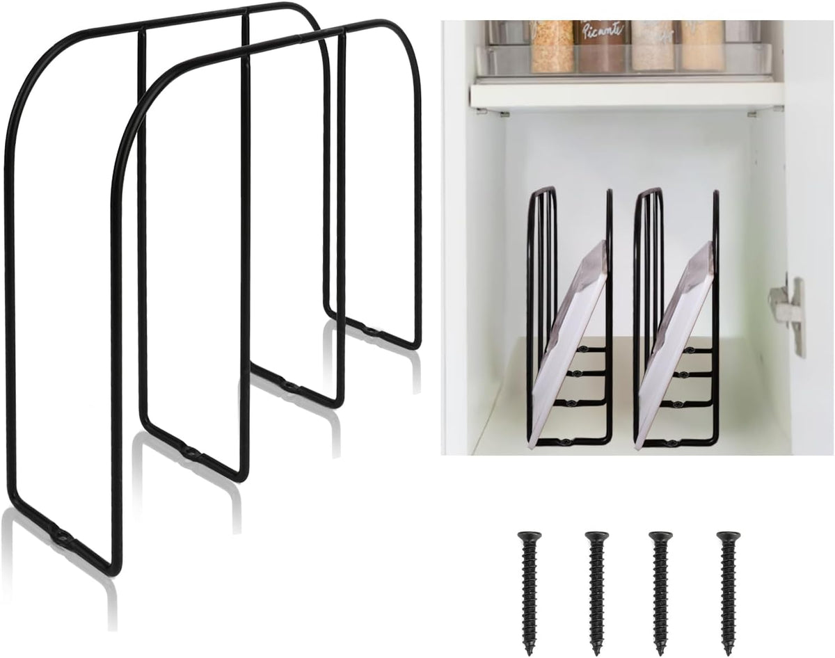 2 Pack Base Cabinet Tray Dividers 11.8 * 9 * 3inch Baking Sheet Organizer Rack Cookie Sheet Organizer Narrow U-shaped Wire Tray Divider Steel Cookware Holder with 3 Slots for Narrow cabinet