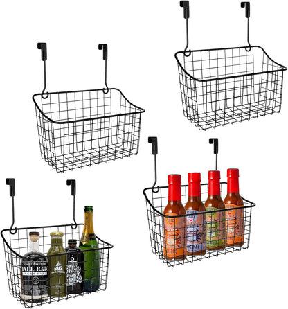 4PCS Over the Cabinet Basket, Over Cabinet Door Organizer, Grid Storage Baskets with Hooks, Metal Hanging Basket Kitchen Storage Organizer Holder for Pantry, Bathroom, Black, 11x9.2x4.3’’