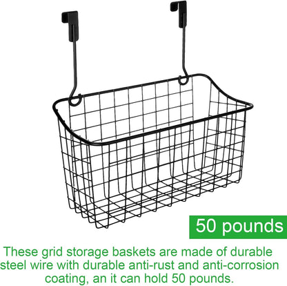 4PCS Over the Cabinet Basket, Over Cabinet Door Organizer, Grid Storage Baskets with Hooks, Metal Hanging Basket Kitchen Storage Organizer Holder for Pantry, Bathroom, Black, 11x9.2x4.3’’