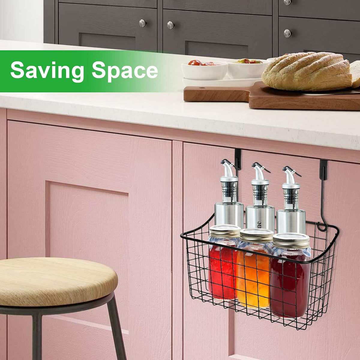 4PCS Over the Cabinet Basket, Over Cabinet Door Organizer, Grid Storage Baskets with Hooks, Metal Hanging Basket Kitchen Storage Organizer Holder for Pantry, Bathroom, Black, 11x9.2x4.3’’