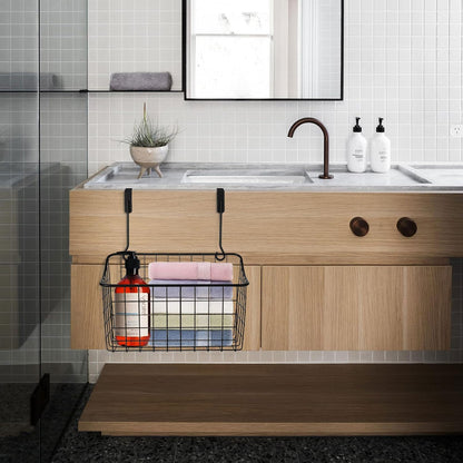 4PCS Over the Cabinet Basket, Over Cabinet Door Organizer, Grid Storage Baskets with Hooks, Metal Hanging Basket Kitchen Storage Organizer Holder for Pantry, Bathroom, Black, 11x9.2x4.3’’