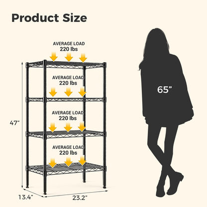 4-Tier Wire Storage Shelves, 200 lbs Heavy Duty Steel Rack, Black