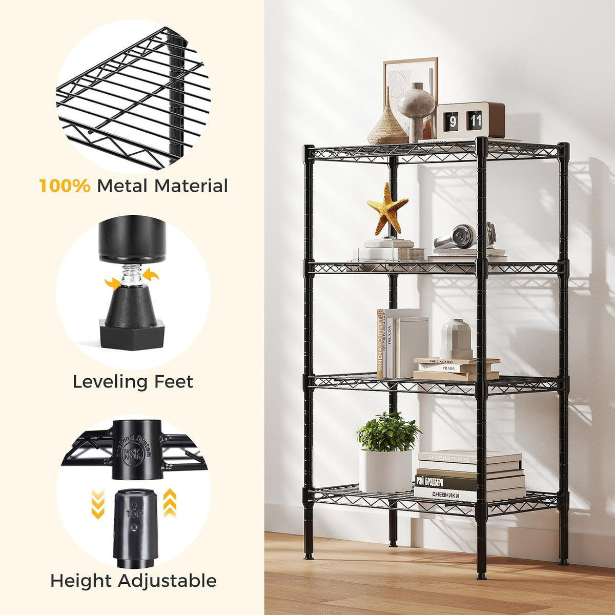 4-Tier Wire Storage Shelves, 200 lbs Heavy Duty Steel Rack, Black