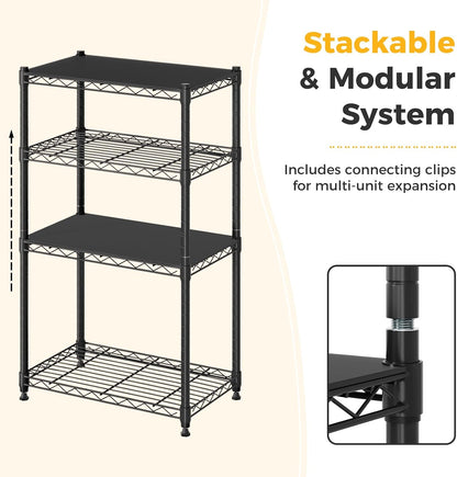 4-Tier Wire Storage Shelves, 200 lbs Heavy Duty Steel Rack, Black