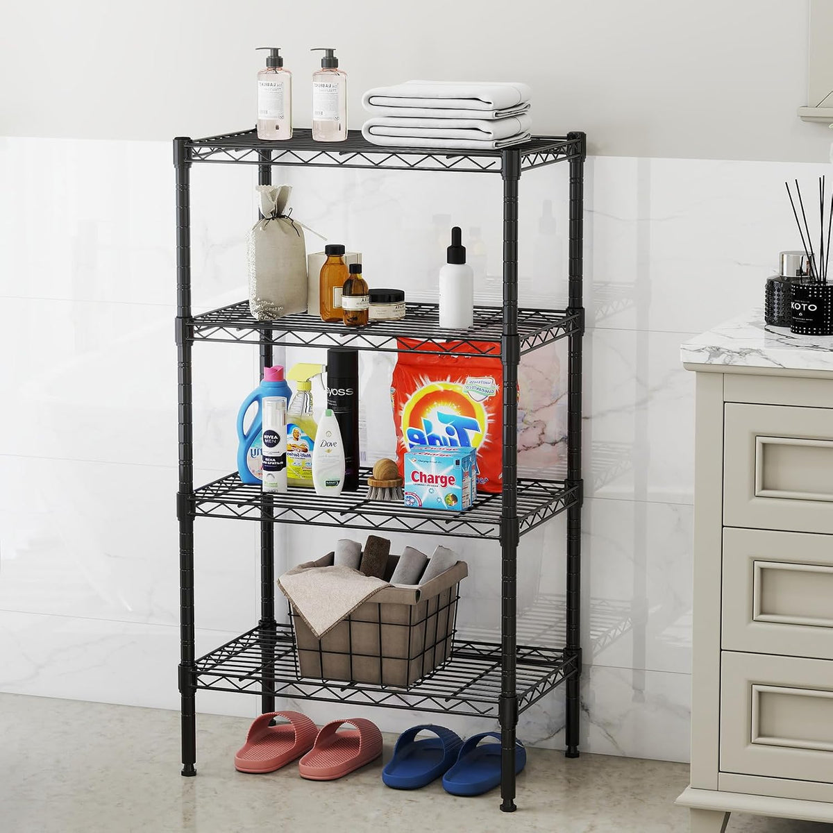4-Tier Wire Storage Shelves, 200 lbs Heavy Duty Steel Rack, Black