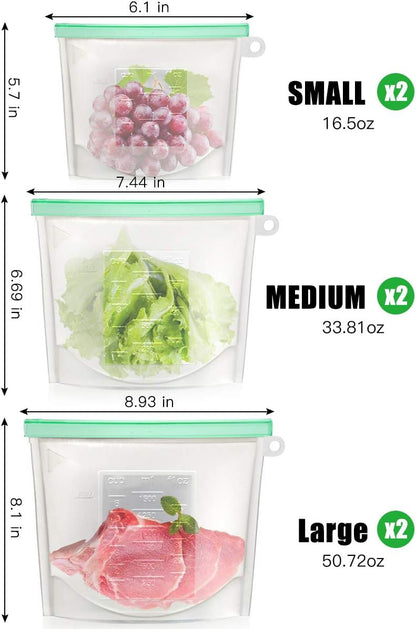 【Upgrade】 Reusable Extra Thick Silicone Food Storage Bags - 6 Packs Zipper Freezer Bags For Marinate Meats Sandwich, Snack, Cereal,Fruit Meal Prep, Leakproof, Dishwasher-Safe Lunch Storage Bags