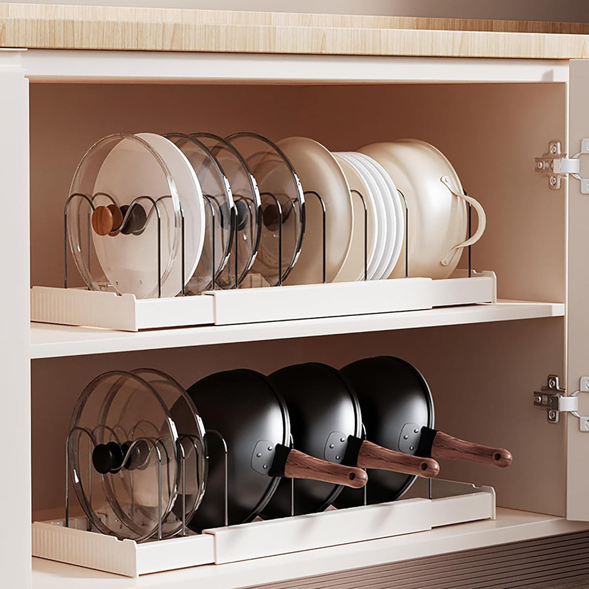 Pots and Pans Organizer Under Cabinet Expandable Pot Lid Holder with 10 Adjustable Dividers Pot Rack for Kitchen Storage Cutting Boards, Bakeware, Lid, White 2PCS