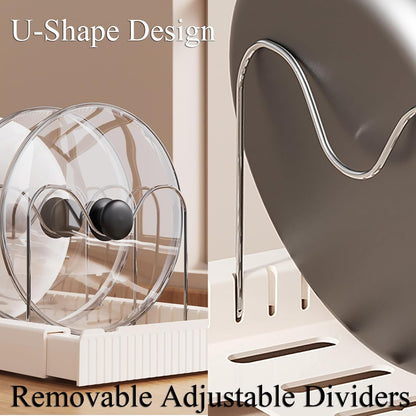 Pots and Pans Organizer Under Cabinet Expandable Pot Lid Holder with 10 Adjustable Dividers Pot Rack for Kitchen Storage Cutting Boards, Bakeware, Lid, White 2PCS