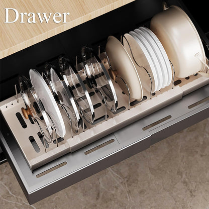Pots and Pans Organizer Under Cabinet Expandable Pot Lid Holder with 10 Adjustable Dividers Pot Rack for Kitchen Storage Cutting Boards, Bakeware, Lid, White 2PCS