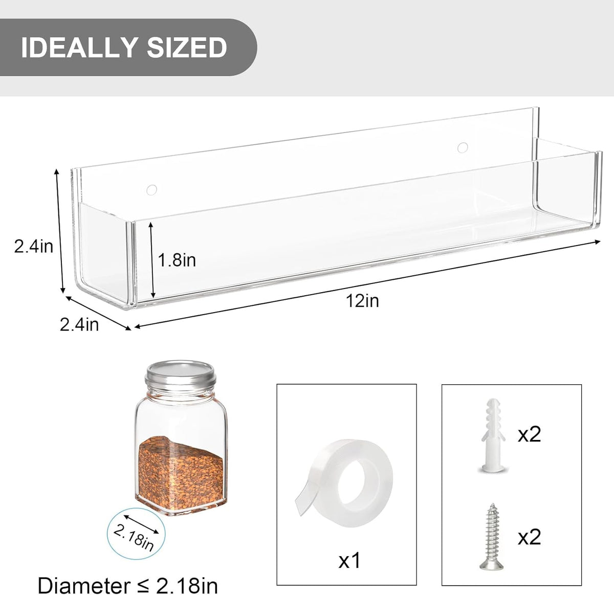 Adhesive Acrylic Spice Rack, Clear- with 2 Tapes