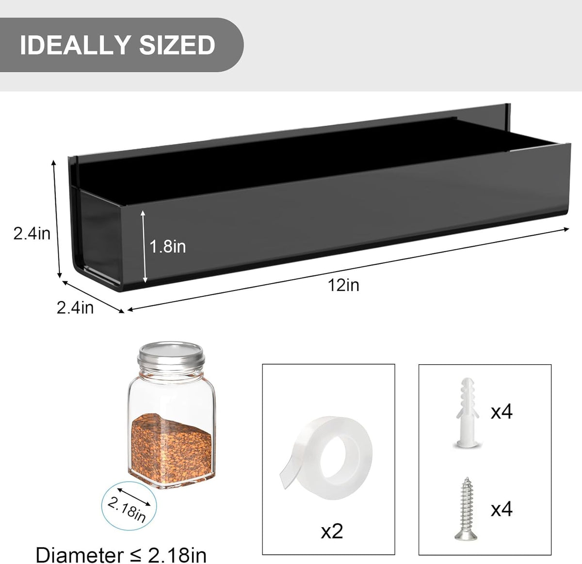 Adhesive Acrylic Spice Rack, Clear- with 2 Tapes